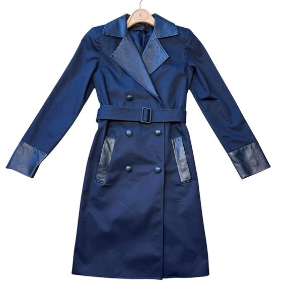 Misha Nonoo Navy Royal Lambskin Leather Trench Coat Size 0 - Picture 1 of 15